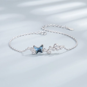 Parure de bijoux en argent 925 avec un bracelet à cristal papillon bleu élégant
