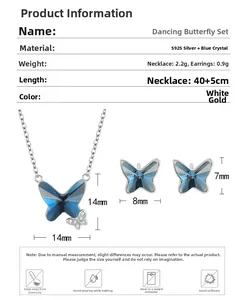 Detailed size chart for S925 silver butterfly jewelry set with blue crystal stones