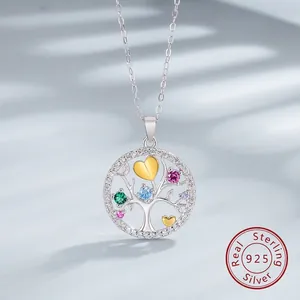 Collier Pendentif Arbre de Vie en Argent Sterling S925 Femme Élégant Strass Multicolore Cœur Feuille Bijoux