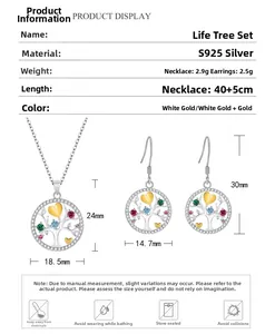 Detailed dimensions of S925 silver Tree of Life necklace and earrings set with colorful zircons