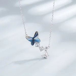 925 Sterling Silver Blue Butterfly Crystal Pendant Necklace Elegant Inlaid Rhinestone Jewelry For Women Anniversary Gift
