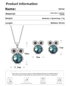 Tableau des dimensions du collier hibou en argent et boucles d'oreilles en cristal