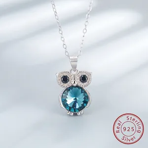 925 Sterling Silver Owl Pendant Necklace For Women Blue Austrian Crystal Clavicle Chain Animal Jewelry Gift