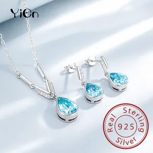 Ensemble de Bijoux en Argent Sterling 925 Larmes de Sirène Bleu Rose Goutte d'Eau Strass Pendentif Collier Boucles d'Oreilles