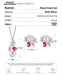 S925 sterling silver flower jewelry set with pink stones and pearls size specifications