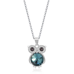 S925 sterling silver owl necklace featuring a faceted blue crystal and black stone eyes
