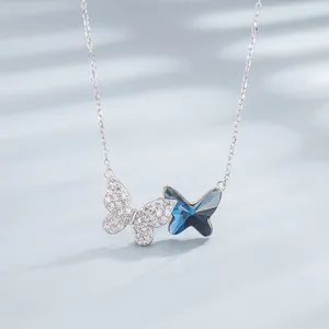 925 Sterling Silver Double Butterfly Pendant Necklace For Women Blue Artificial Crystal Rhinestone Inlaid Fashion Choker Jewelry