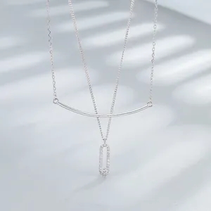 925 Sterling Silver Layered Necklace Smile Arc Bar Geometric Pendant Sliding Rhinestone Double Layer Clavicle Chain Jewelry