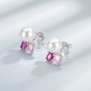Boucles d'oreilles perles en argent S925 avec pierres roses et zircons clairs