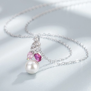 S925 silver necklace with pink pear-shaped gemstone and elegant white freshwater pearl