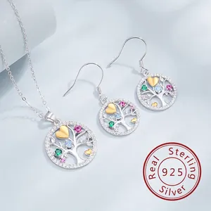 Tree Of Life Jewelry 925 Sterling Silver Necklace And Hook Earrings With Colorful Rhinestone Heart Accents Vintage Bohemian Gift For Women