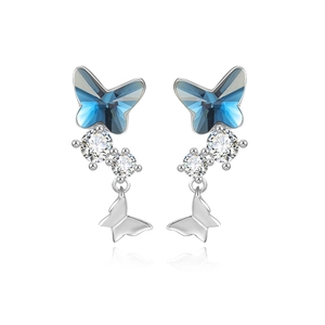 Eleganti orecchini a farfalla in argento S925 con cristalli blu e pendenti in zircone