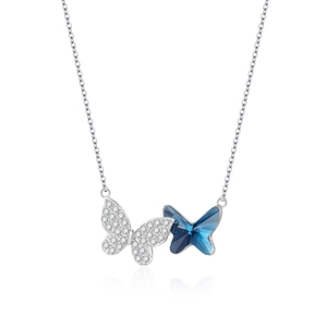 Elegant S925 silver necklace with sparkling blue crystal and zircon butterfly pendant