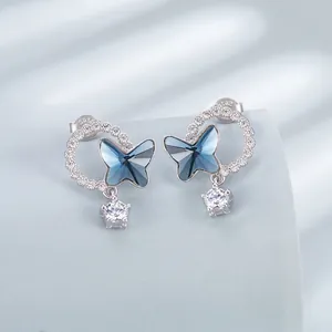 925 Sterling Silver Blue Artificial Crystal Butterfly Stud Earrings Rhinestone Inlaid Elegant Women Jewelry Fashion Gift