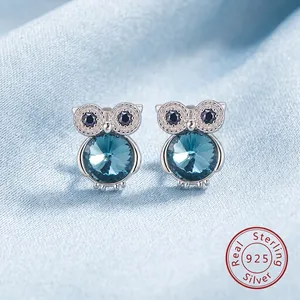 925 Sterling Silver Owl Stud Earrings With Blue Austrian Crystal Animal Rhinestone Earrings Jewelry Gift For Women