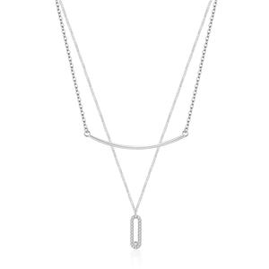 Double-layered S925 silver necklace with sparkling pave zircon and sliding center diamond