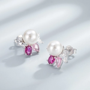 Boucles d'oreilles perles en argent S925 avec gemmes roses dans un ensemble bijoux
