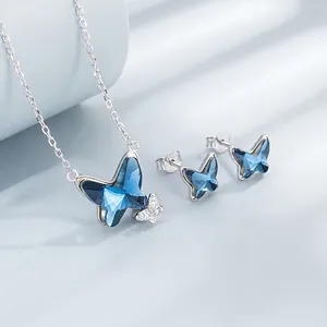 925 Sterling Silver Blue Butterfly Necklace Earrings Rhinestone Animal Pendant Jewelry For Women Commute Fashion