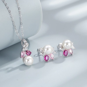 S925 silver jewelry set with freshwater pearls and pink gemstones in floral design
