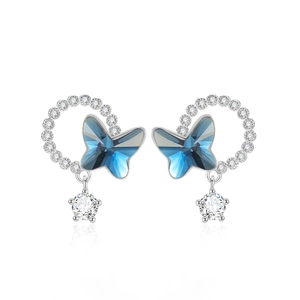 S925 silver butterfly stud earrings with blue gradient crystal and zircon accents