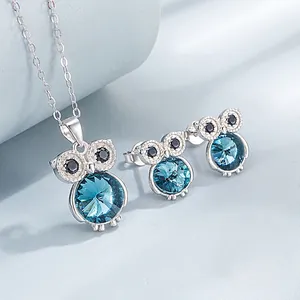 Bijoux Chouette en Argent Sterling 925 Collier Pendentif Cristal Bleu Boucles d'Oreilles Clous Femme Style Animal Cadeau