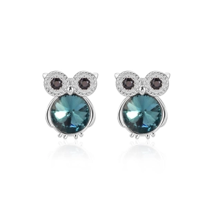 S925 sterling silver owl stud earrings with deep blue Austrian crystals and black eyes