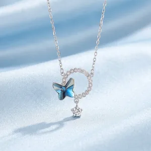 925 Sterling Silver Butterfly Pendant Necklace For Women Blue Artificial Crystal Rhinestone Elegant Fashion Jewelry Gift