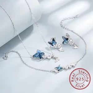 Ensemble de Bijoux Papillon en Argent Sterling 925 Collier Pendentif Cristal Bleu Strass Boucles d'Oreilles Bracelet Femme