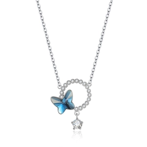 S925 Sterling silver necklace with blue butterfly crystal pendant and sparkling zircon stones