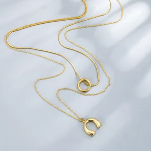 925 Sterling Zilveren Dubbellaagse Halsketting Voor Dames Minimalistisch U-Vorm Hoefijzer Rond Hanger Strass Ingelegde Sieraden