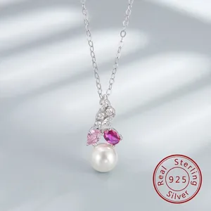925 Sterling Silver Freshwater Pearl Pendant Necklace For Women Pink Red Rhinestone Inlaid Fashion Jewelry Fine Accessory