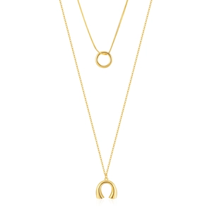Dubbellaagse 18K vergulde S925 zilveren ketting met ring en hoefijzer hangers