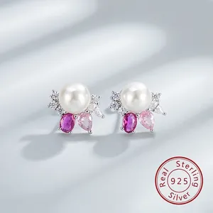 Boucles d'Oreilles Clous en Süßwasserperles Argent Sterling 925 Fleur Zircone Cubique Rose pour Femmes Bijoux Élégants Cadeau