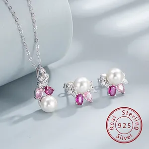 S925 Sterling Silver Artificial Pearl Jewelry Set Pink Zirconia Flower Pendant Necklace And Stud Earrings For Women Wedding Party Luxury Fine Jewelry