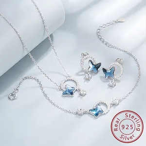 925 Sterling Silver Blue Butterfly Necklace Earrings Bracelet For Women Elegant Crystal Rhinestone Jewelry Wedding Party