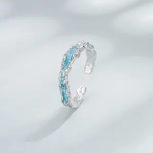Anillo Abierto de Lava con Textura Irregular de Plata de Ley 925 Con Esmalte Azul Anillo Ajustable Minimalista para Mujer