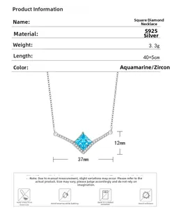 Detailed size chart for S925 silver square zircon necklace with dimensions and care info