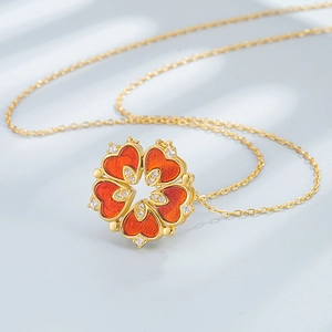 Collier fleur cœur en argent S925 doré avec émail rouge et zircons étincelants