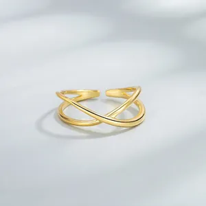 Minimalist 925 Sterling Silver Double Layer Cross Open Ring For Women Elegant Geometric X Line Adjustable Finger Ring Jewelry