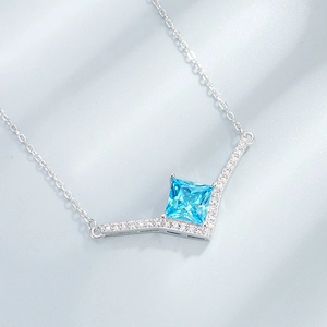 Vintage S925 silver necklace with princess cut aquamarine pendant and pavé diamonds