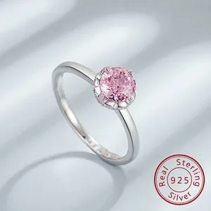 925 Sterling Silver Flower Ring With Pink Round Zirconia Elegant Inlaid Finger Ring Jewelry For Women Wedding Party Gift