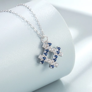 S925 sterling silver geometric pendant necklace with blue and white zircons on a fine chain