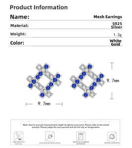 Detailed size specifications of 925 silver grid stud earrings with blue cubic zirconia
