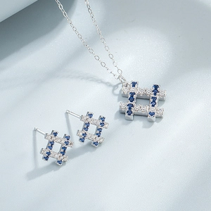 S925 sterling silver jewelry set featuring hashtag pendants with blue and white zircons