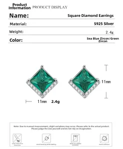 Spécifications des puces d'oreilles en argent S925 avec zircons carrés verts de 11 mm
