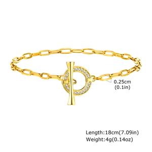 Detail view of gold OT clasp with pave-set zircons and 0.25cm delicate link chain