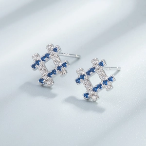 Elegant S925 sterling silver stud earrings with blue zircon in a grid hash design