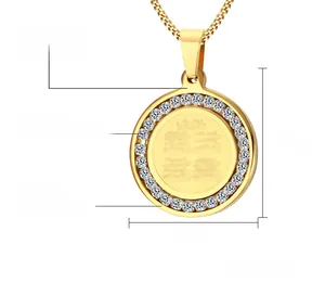 Macro detail of 25mm gold plated stainless steel pendant with AAA cubic zirconia inlay