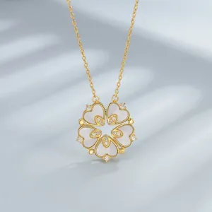 Élégant Collier Pendentif Fleur en Argent Sterling 925 Avec Nacre Agate Rouge Pétales de Coeur Or Zircone pour Femme Bijoux