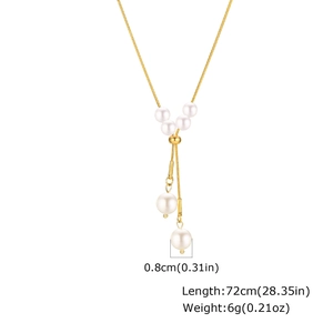 Détail du collier en Y doré en acier inoxydable avec perles et dimensions du produit